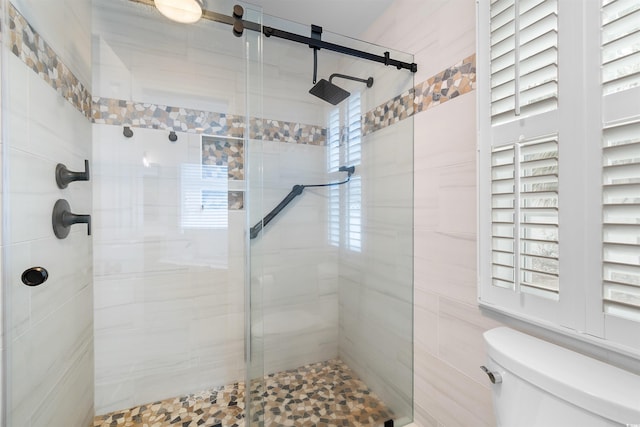 bathroom with toilet and a stall shower