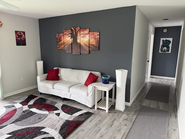 living area with baseboards, a textured ceiling, and wood finished floors