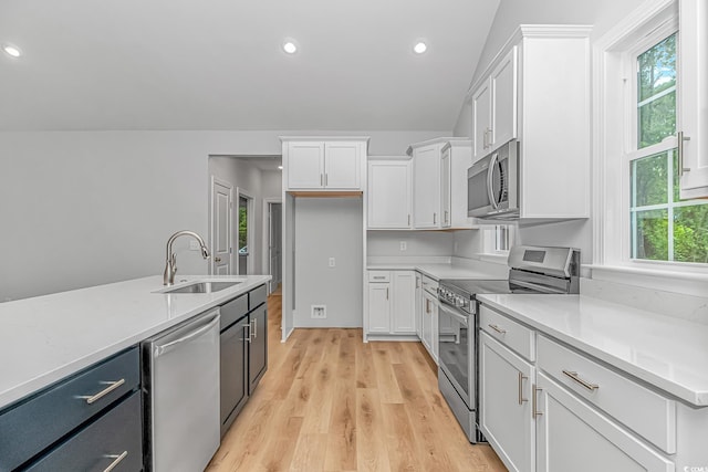 19 Coventry Pl, Pawleys Island, SC 29585 - kitchen featuring appliances with stainless steel finishes, a sink, white cabinetry, light wood-type flooring, and light countertops