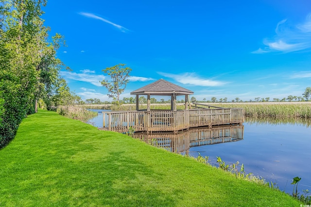 19 Coventry Pl, Pawleys Island, SC 29585 - dock with a gazebo, a water view, and a lawn