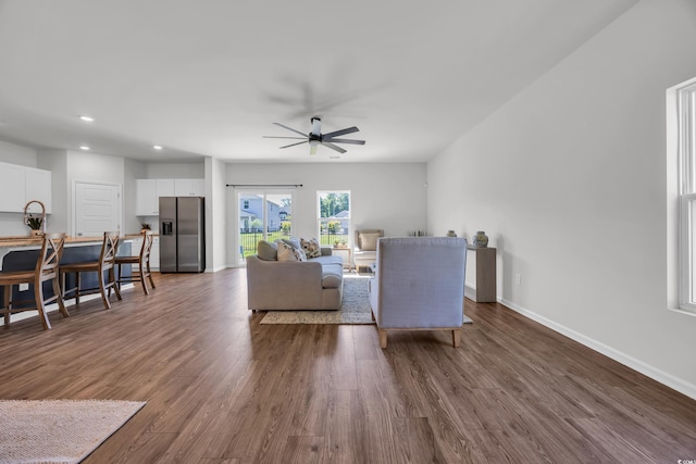 204 Leaflet Loop, Pawleys Island, SC 29585 - living area featuring ceiling fan, dark wood-style floors, baseboards, and recessed lighting