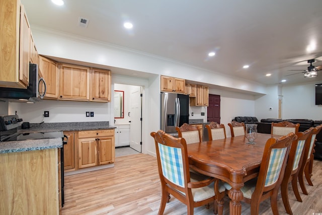224 Oak Bay Dr, Georgetown, SC 29440 - dining room featuring ornamental molding, light wood-style floors, ceiling fan, and recessed lighting