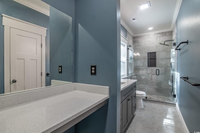 224 Oak Bay Dr, Georgetown, SC 29440 - full bath featuring ornamental molding, vanity, tile patterned floors, a shower stall, and toilet