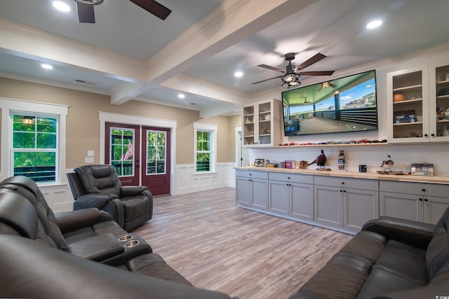 224 Oak Bay Dr, Georgetown, SC 29440 - living room with a ceiling fan, a decorative wall, crown molding, light wood-style floors, and beam ceiling