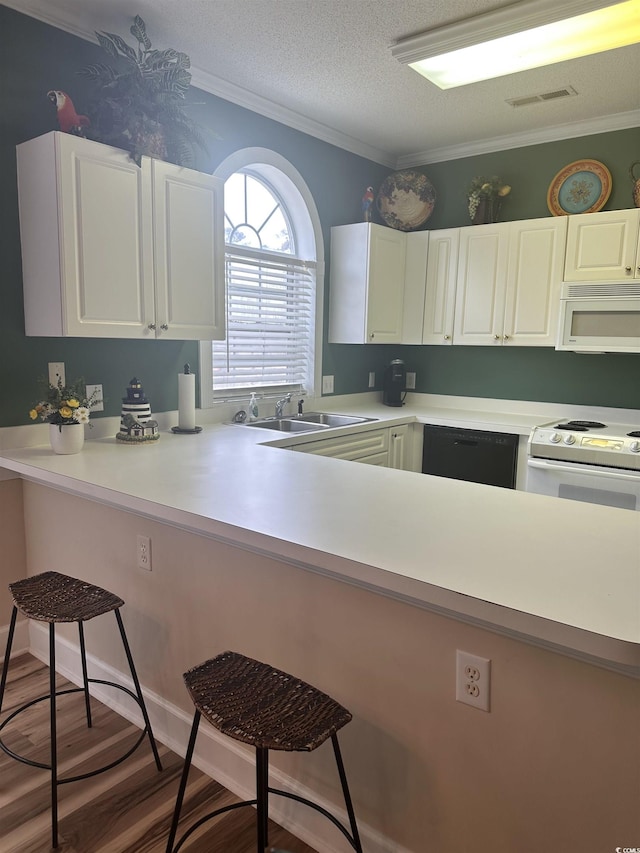 4639 Wild Iris Dr Unit 43-204, Myrtle Beach, SC 29577 - kitchen with white appliances, a sink, a kitchen breakfast bar, light countertops, and crown molding