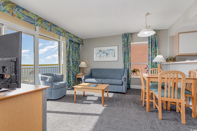 2801 S Ocean Blvd Unit 1509, North Myrtle Beach, SC 29582 - living room featuring a textured ceiling and carpet floors