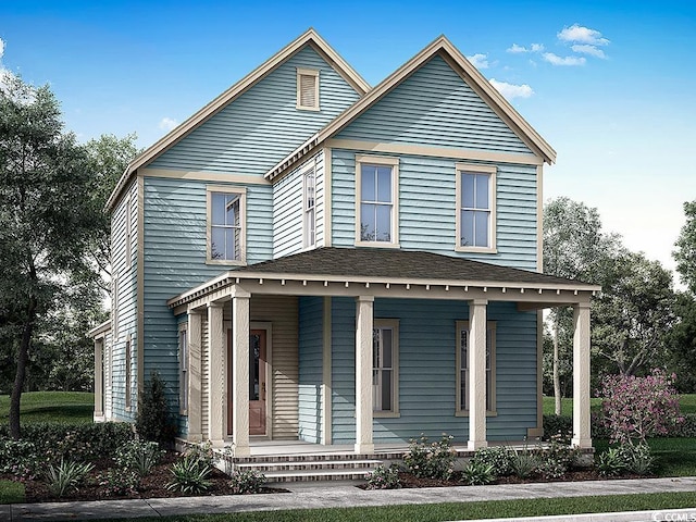 view of front facade with a porch and a shingled roof