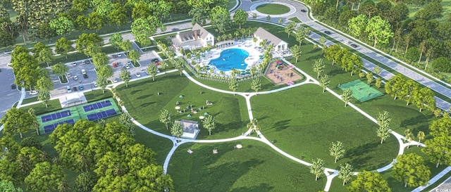 aerial overview of property's location featuring a pool area
