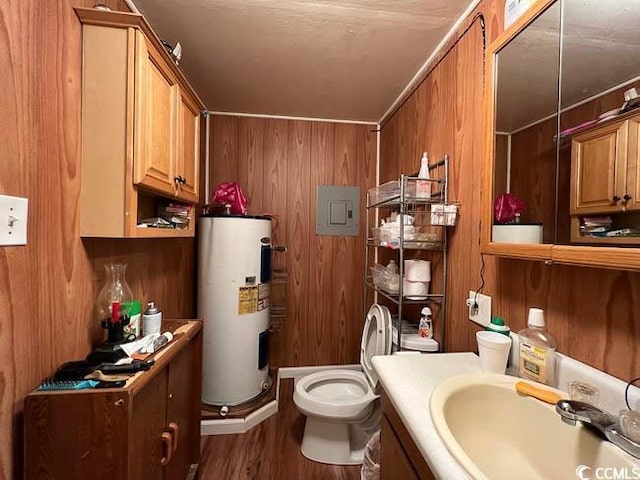 3641 Half Pint Rd, Longs, SC 29568 - bathroom featuring water heater, vanity, wood walls, wood finished floors, and electric panel