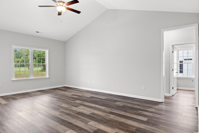 72 Millsite Ct, Georgetown, SC 29440 - empty room featuring ceiling fan, lofted ceiling, dark wood-style floors, and baseboards