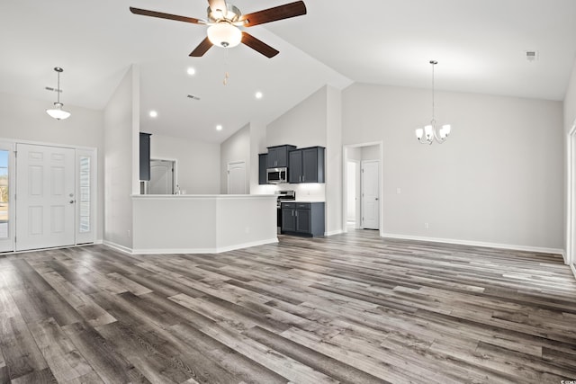 unfurnished living room featuring high vaulted ceiling, a chandelier, ceiling fan, wood finished floors, and baseboards