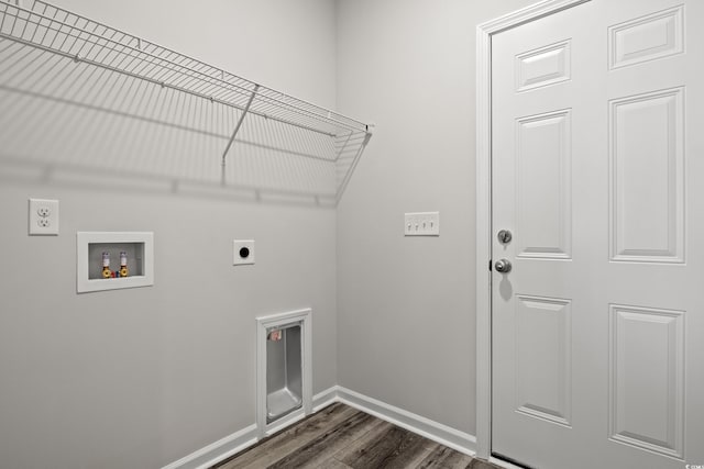 clothes washing area with electric dryer hookup, dark wood-style flooring, baseboards, and washer hookup