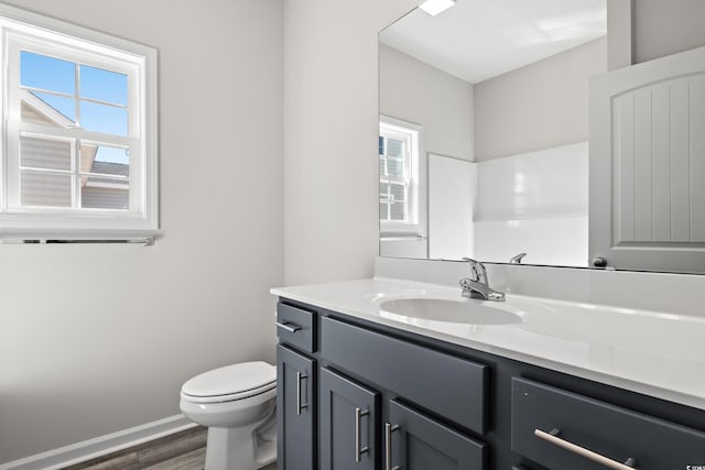 bathroom featuring wood finished floors, healthy amount of natural light, vanity, and toilet