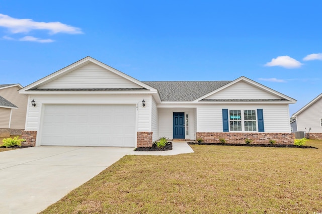 235 Six Mile Creek Dr, Georgetown, SC 29440 - ranch-style house with roof with shingles, driveway, a front yard, brick siding, and central AC