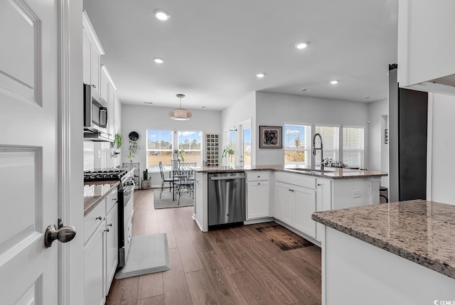 kitchen with appliances with stainless steel finishes, white cabinetry, dark wood-type flooring, light stone counters, and recessed lighting