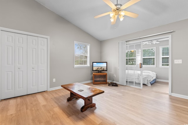 1202 Formby Ct, Myrtle Beach, SC 29588 - sitting room featuring lofted ceiling, a healthy amount of sunlight, a ceiling fan, and light wood-style flooring