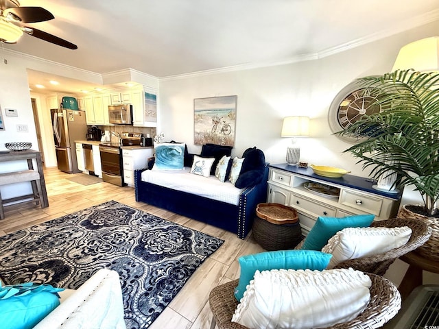2001 S Ocean Blvd Unit 621, Myrtle Beach, SC 29577 - living room featuring crown molding, ceiling fan, and light wood finished floors
