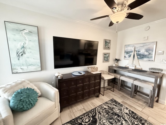 2001 S Ocean Blvd Unit 621, Myrtle Beach, SC 29577 - living area with crown molding, a ceiling fan, and wood finished floors