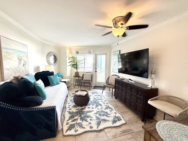 2001 S Ocean Blvd Unit 621, Myrtle Beach, SC 29577 - living room with a ceiling fan and ornamental molding