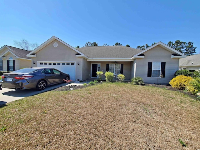 ranch-style house featuring roof with shingles, ceiling fan, a front lawn, concrete driveway, and a garage