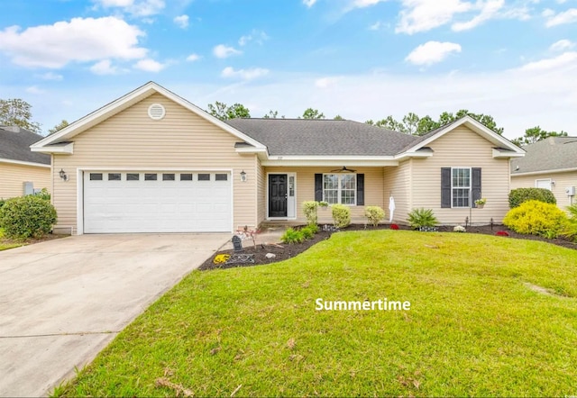 ranch-style home featuring concrete driveway, a front yard, covered porch, an attached garage, and a ceiling fan