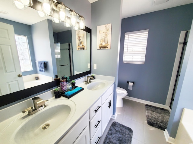 bathroom with plenty of natural light, a shower stall, tile patterned floors, and a bath