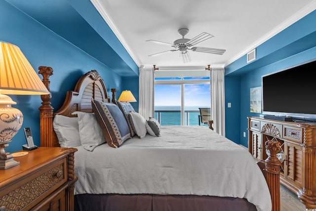 5700 N Ocean Blvd Unit 1107, North Myrtle Beach, SC 29582 - bedroom featuring crown molding, access to exterior, ceiling fan, and wood finished floors