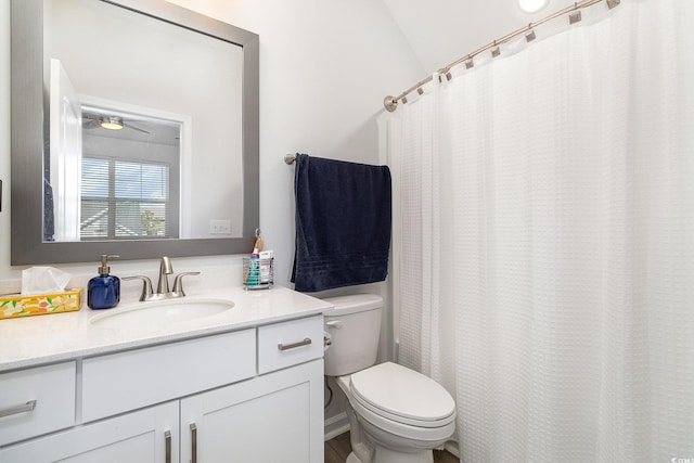 294 Portofino Dr, Myrtle Beach, SC 29579 - bathroom with vanity, lofted ceiling, a shower with shower curtain, and ceiling fan