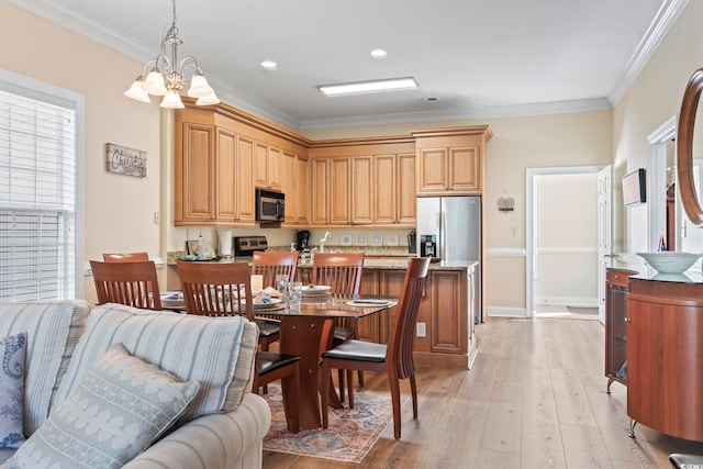 77 Tern Pl Unit 202, Pawleys Island, SC 29585 - kitchen with stainless steel fridge, light wood-type flooring, ornamental molding, light countertops, and a chandelier