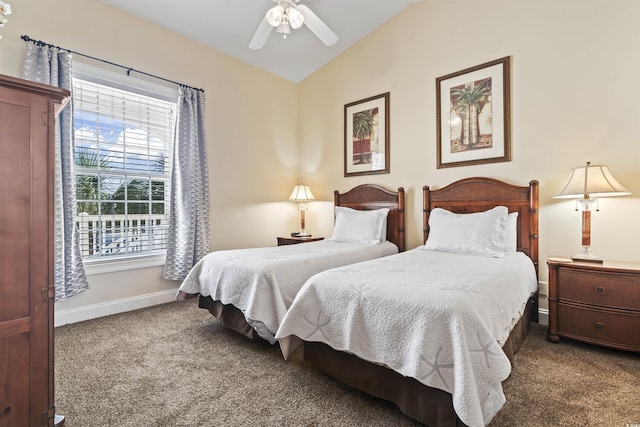 77 Tern Pl Unit 202, Pawleys Island, SC 29585 - bedroom featuring dark colored carpet, vaulted ceiling, and ceiling fan