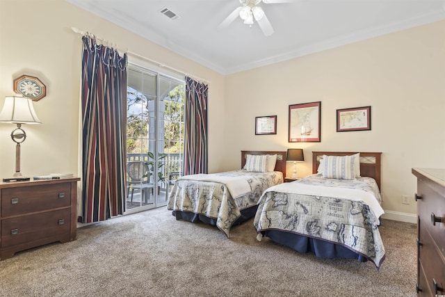 77 Tern Pl Unit 202, Pawleys Island, SC 29585 - bedroom featuring carpet flooring, access to exterior, crown molding, and a ceiling fan