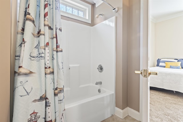 77 Tern Pl Unit 202, Pawleys Island, SC 29585 - ensuite bathroom with shower / bathtub combination with curtain and ornamental molding