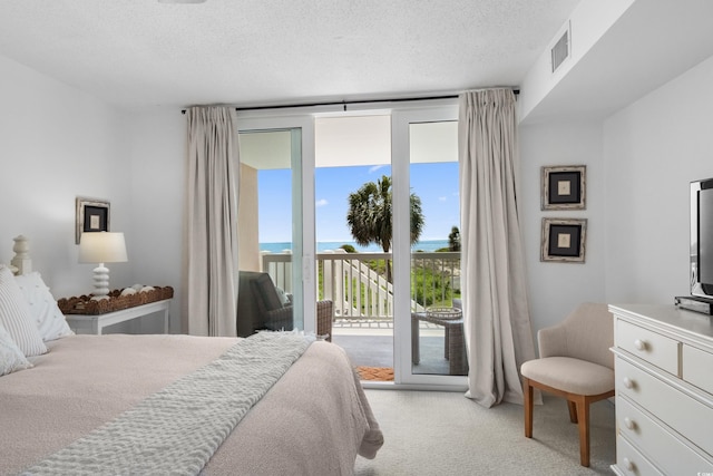 bedroom with visible vents, access to exterior, a textured ceiling, and light colored carpet
