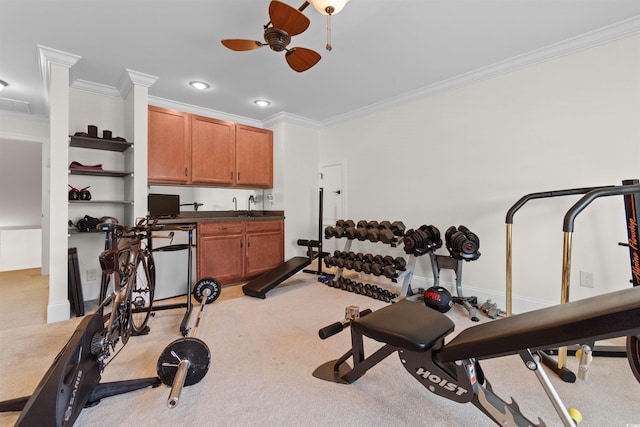 156 Henry Middleton Blvd, Myrtle Beach, SC 29588 - workout area with recessed lighting, ceiling fan, light colored carpet, and ornamental molding
