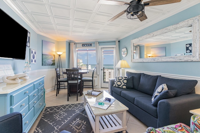 2001 S Ocean Blvd Unit 1505, Myrtle Beach, SC 29577 - tiled living area featuring an ornate ceiling, a ceiling fan, and ornamental molding