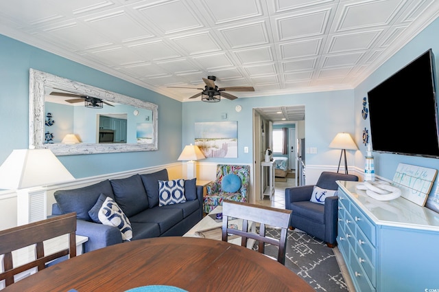 2001 S Ocean Blvd Unit 1505, Myrtle Beach, SC 29577 - living room featuring an ornate ceiling, ornamental molding, and ceiling fan