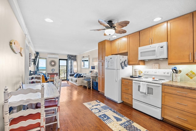 5601 N Ocean Blvd Unit C-311, Myrtle Beach, SC 29577 - kitchen featuring open floor plan, dark wood-style flooring, a ceiling fan, and white appliances