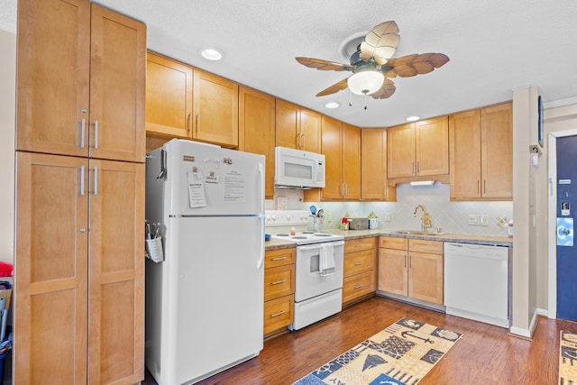5601 N Ocean Blvd Unit C-311, Myrtle Beach, SC 29577 - kitchen featuring light countertops, white appliances, a sink, dark wood-style floors, and a ceiling fan