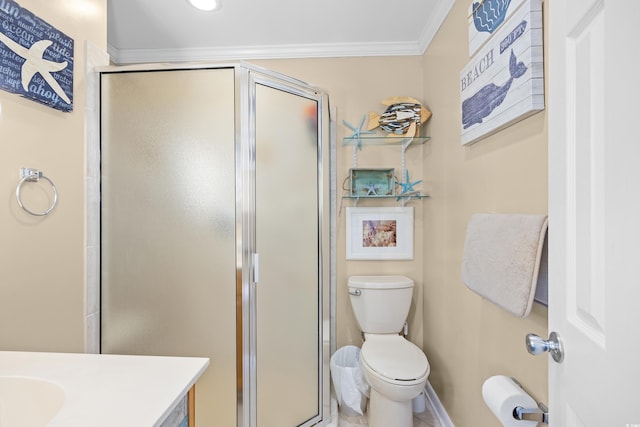 5601 N Ocean Blvd Unit C-311, Myrtle Beach, SC 29577 - bathroom with ornamental molding, toilet, a stall shower, and vanity