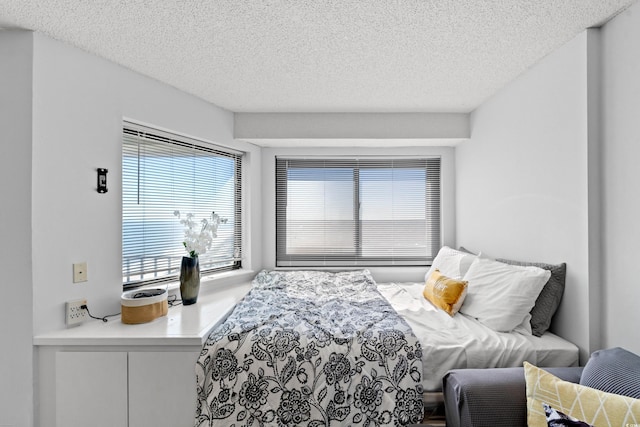 bedroom with multiple windows and a textured ceiling