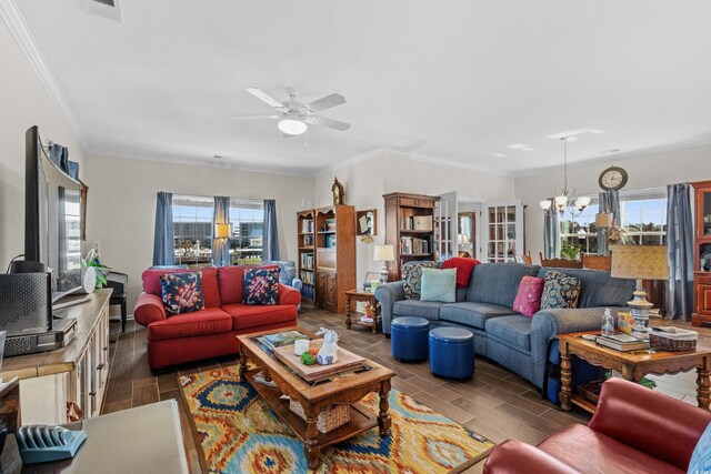 100 Marblehead Dr, Little River, SC 29566 - living area with a chandelier, healthy amount of natural light, ceiling fan, wood tiled floors, and ornamental molding