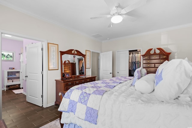 100 Marblehead Dr, Little River, SC 29566 - bedroom featuring ornamental molding, ceiling fan, a closet, baseboards, and dark wood finished floors