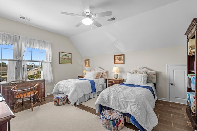 100 Marblehead Dr, Little River, SC 29566 - bedroom with baseboards, wood finished floors, vaulted ceiling, and a ceiling fan