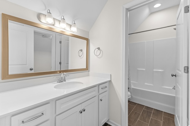100 Marblehead Dr, Little River, SC 29566 - full bathroom with vanity, bathing tub / shower combination, lofted ceiling, and recessed lighting