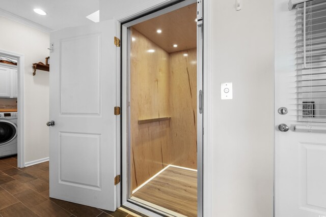 100 Marblehead Dr, Little River, SC 29566 - bathroom featuring washer / dryer, elevator, wood finished floors, baseboards, and recessed lighting
