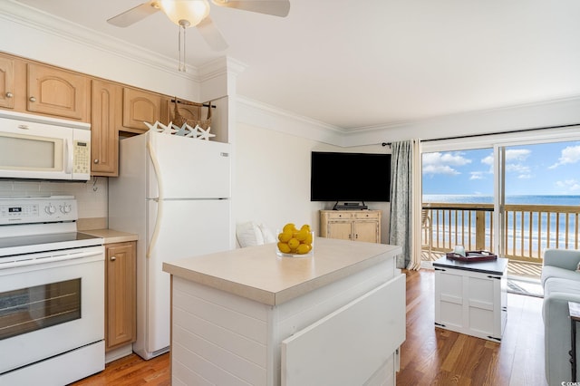 kitchen with ornamental molding, backsplash, light wood finished floors, and white appliances
