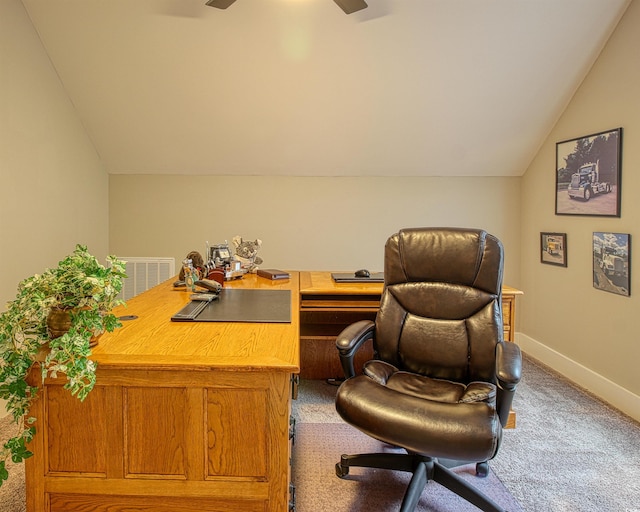 1241 Kenworth Cir, Conway, SC 29526 - carpeted office with baseboards, visible vents, vaulted ceiling, and a ceiling fan