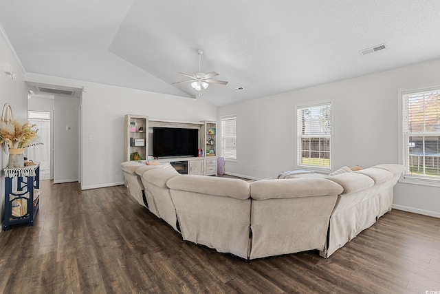445 Saint Charles Cir, Myrtle Beach, SC 29588 - living area featuring ceiling fan, dark wood-type flooring, lofted ceiling, and baseboards