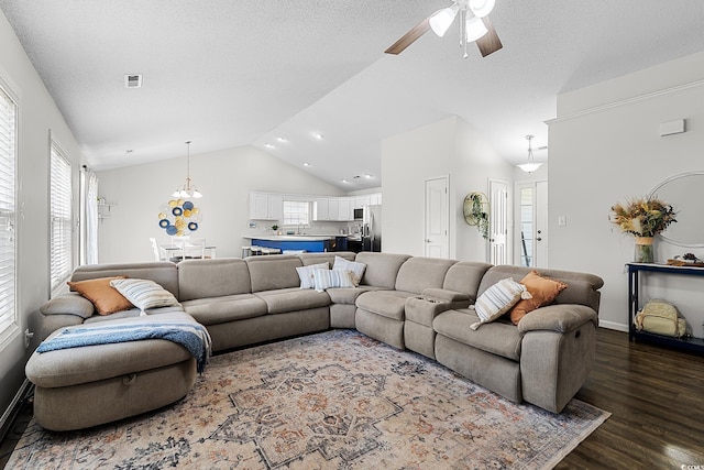 445 Saint Charles Cir, Myrtle Beach, SC 29588 - living room featuring vaulted ceiling, dark wood finished floors, ceiling fan, baseboards, and recessed lighting