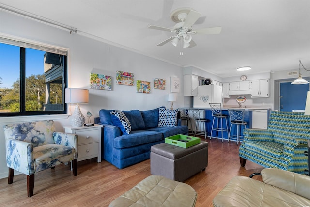 5601 N Ocean Blvd Unit 214B, Myrtle Beach, SC 29577 - living area featuring ornamental molding, ceiling fan, and wood finished floors